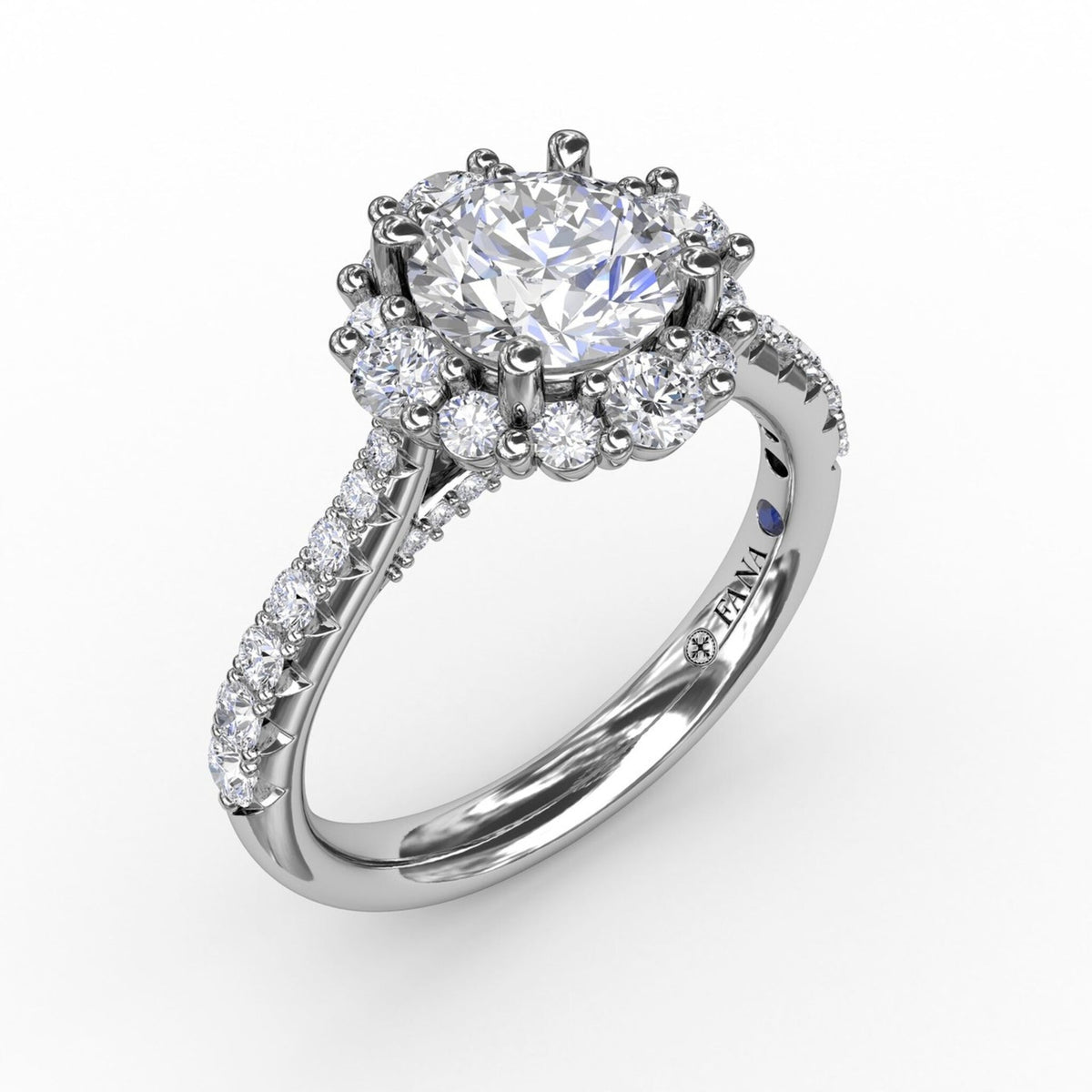 Elegant engagement ring with prong-set diamond halo