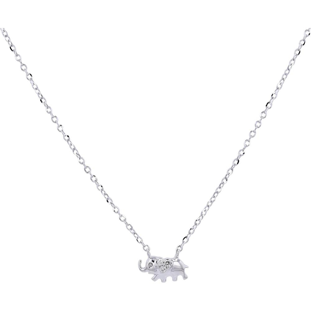 10K White Gold Elephant Pendant Necklace with Round Diamond Accent