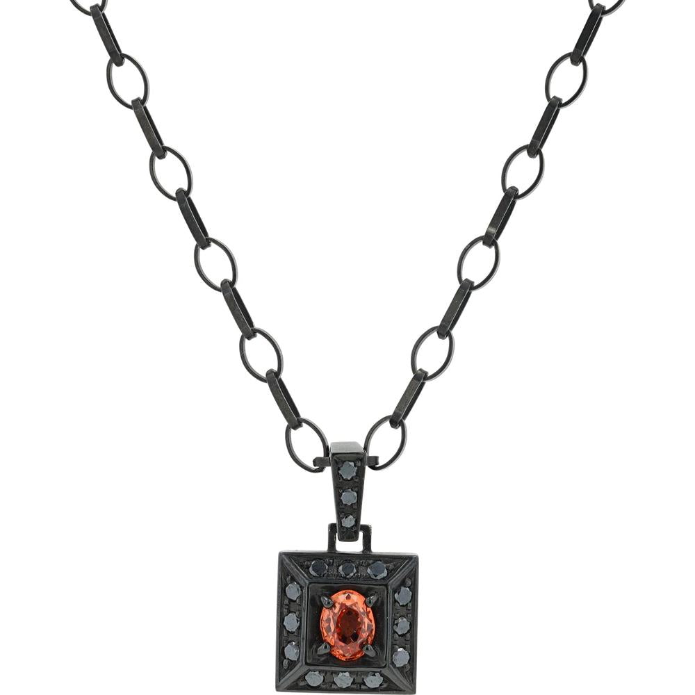 10K White Gold Padparadscha Sapphire and Black Diamond Pendant