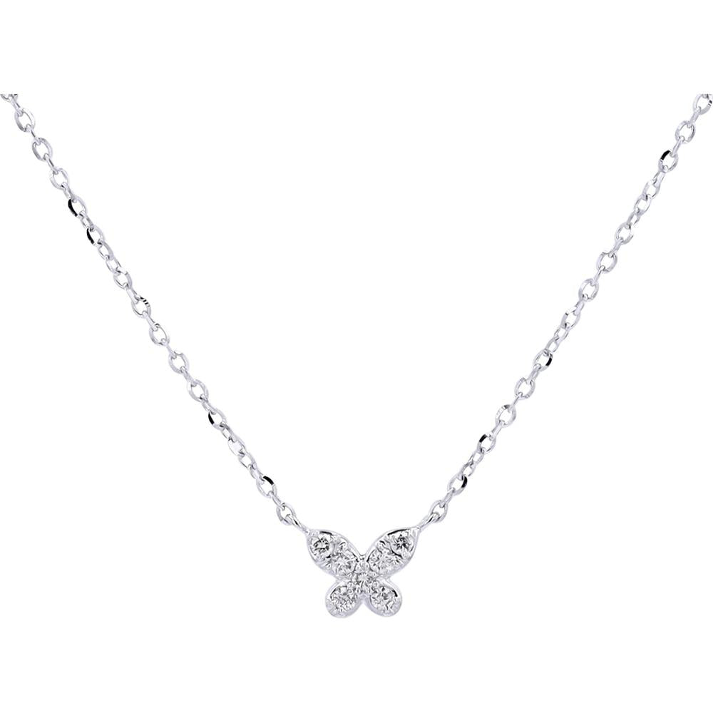 14K White Gold Butterfly Pendant Necklace with Round Diamonds
