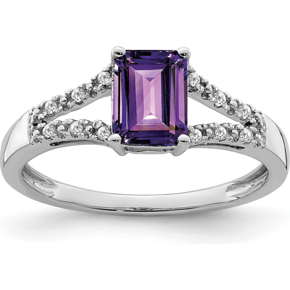14K White Gold Emerald-Cut Amethyst Ring with Round Diamond