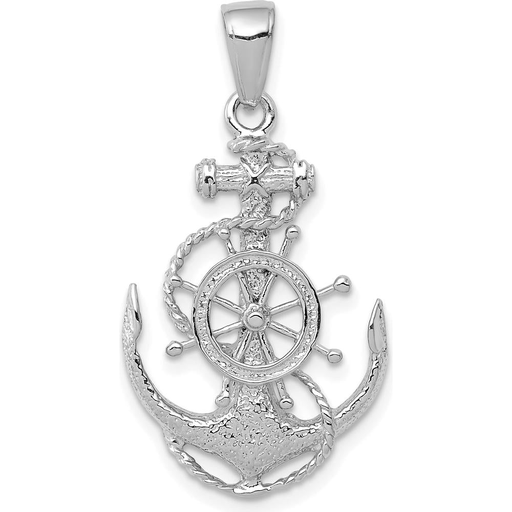 14K White Gold Medium Anchor Pendant with Rope and Ships Wheel