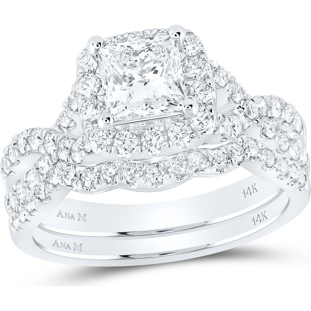 14K White Gold Princess Diamond Halo Bridal Wedding Ring Set