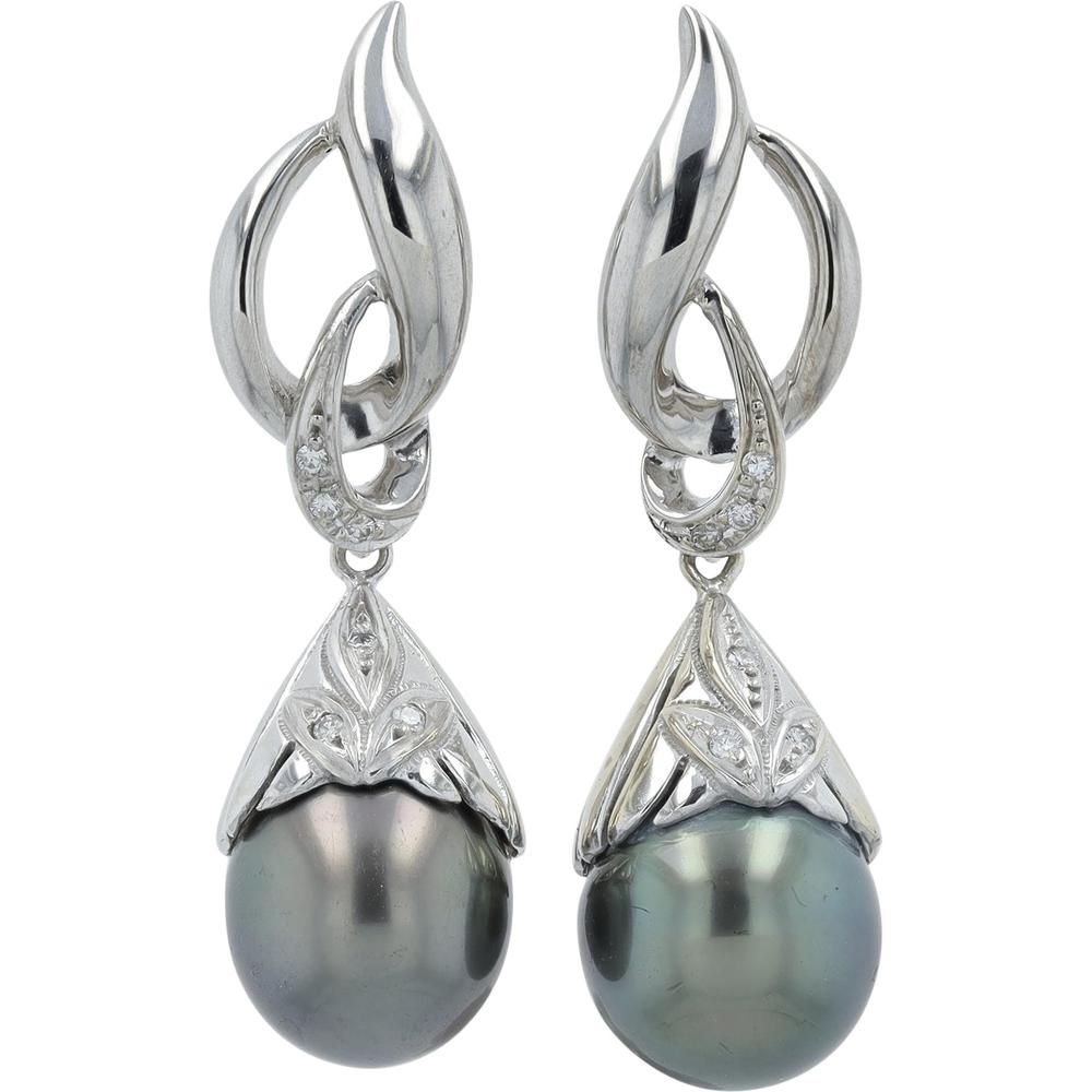 14k White Gold, online Tahitian Pearl & Diamond Earrings