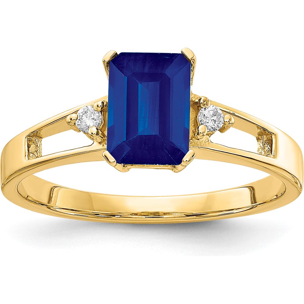 14K Yellow Gold 7x5mm Emerald Cut Sapphire and Round Diamond Ring