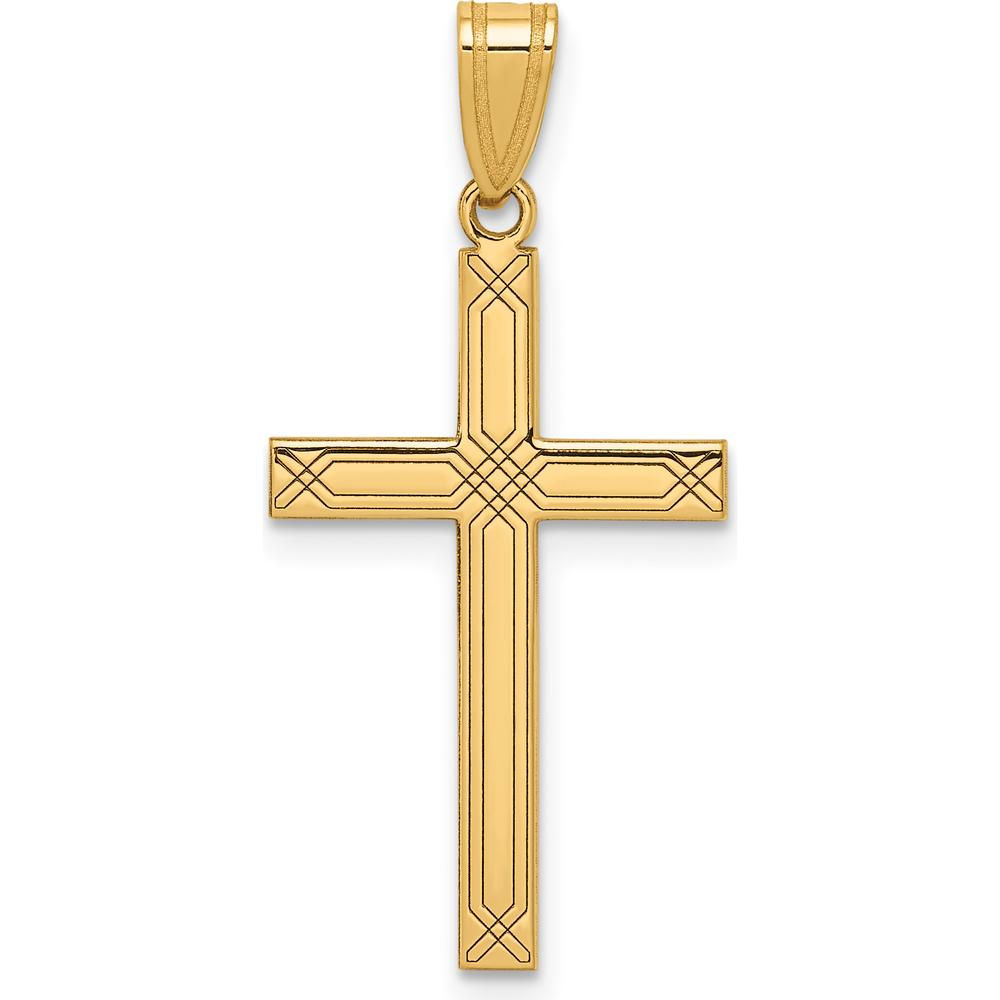 14K Yellow Gold Cross Pendant with Laser Design 29mm Length by