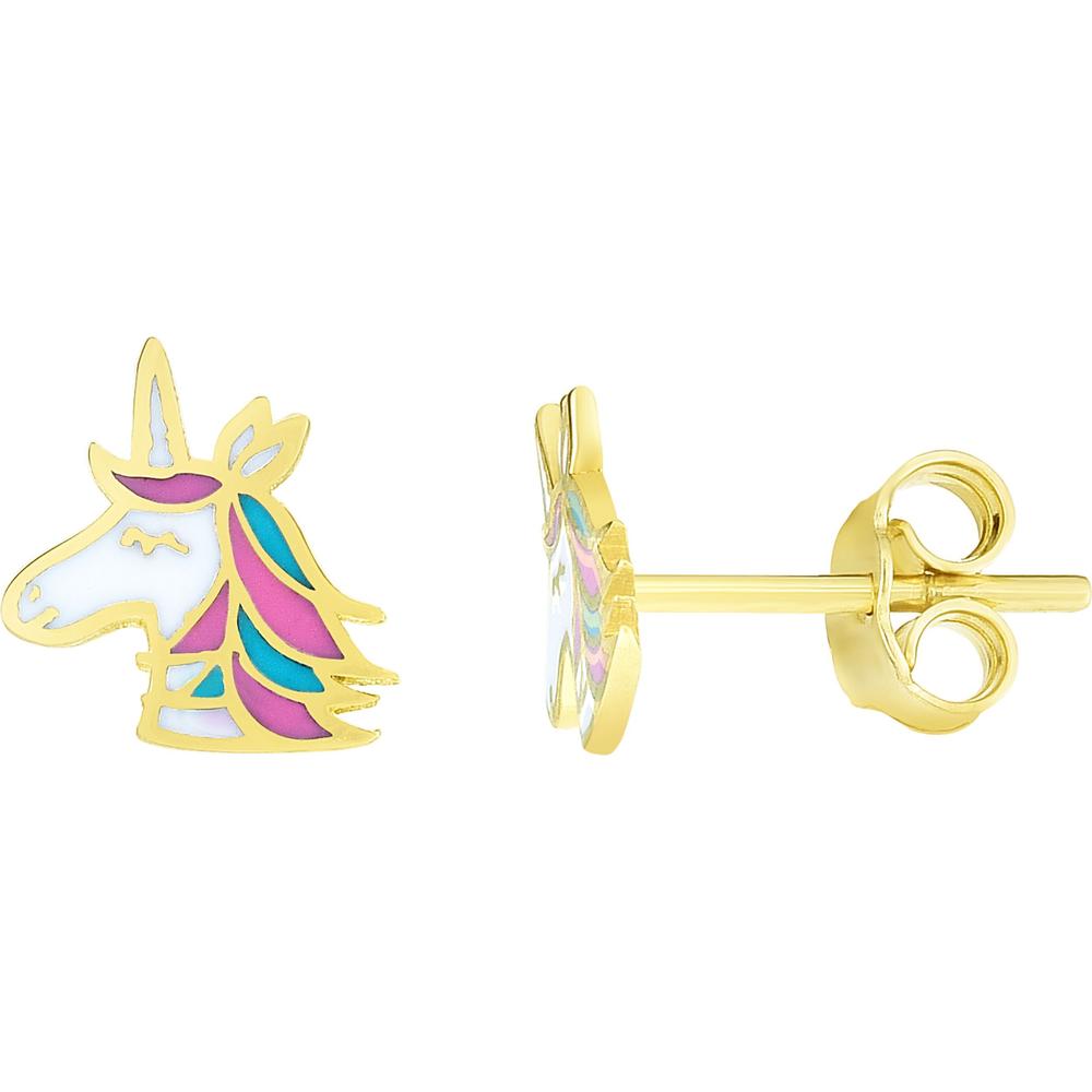 14K Yellow Gold Enamel Unicorn Stud Earrings 10x9mm by Orozza