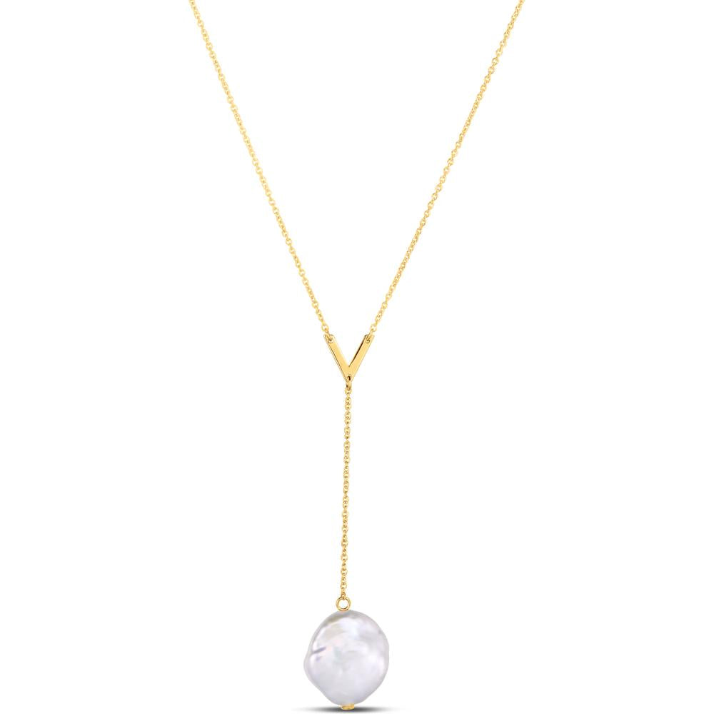 14K Yellow Gold Lariat Necklace with Keshi Pearl and Polished V