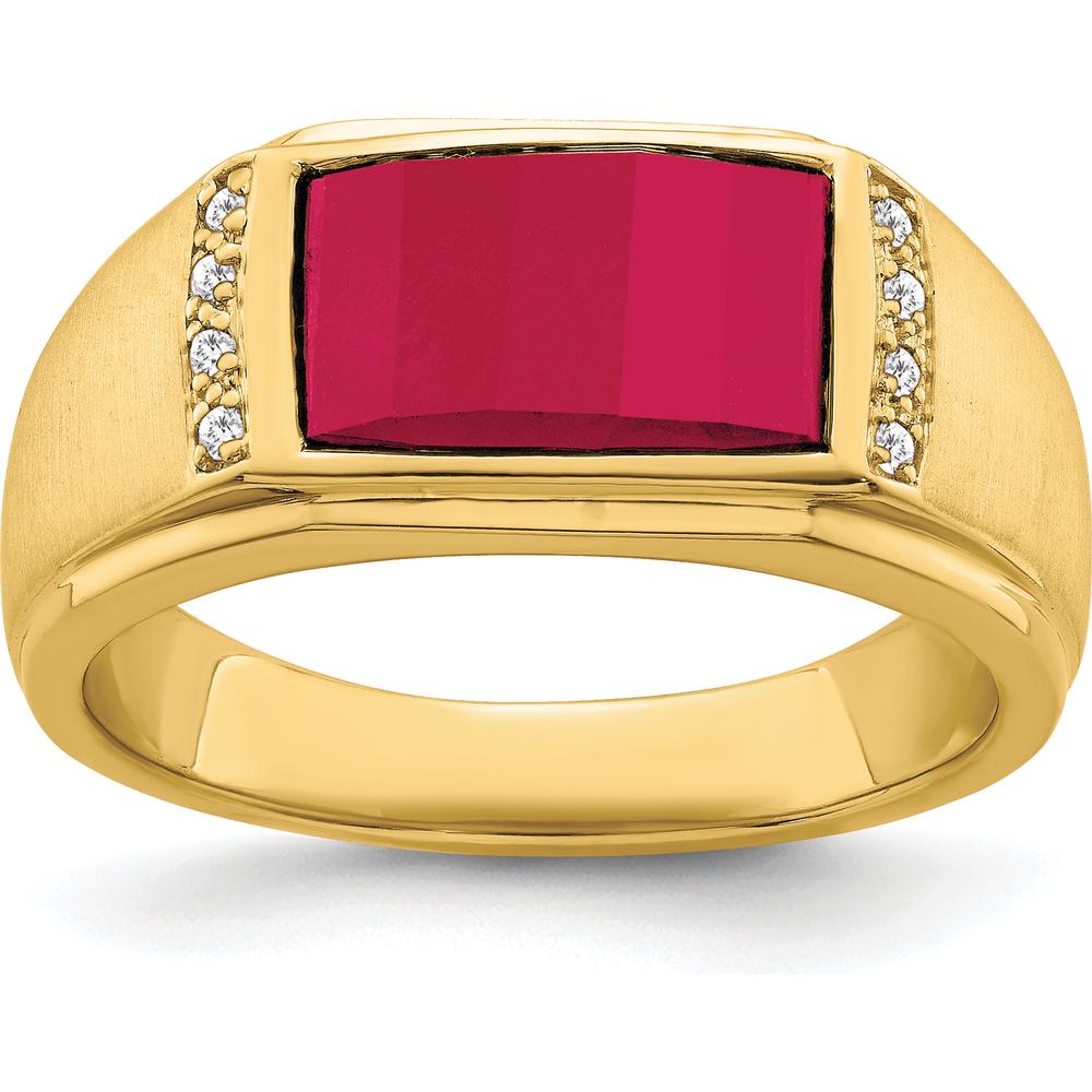 14K Yellow Gold Men's Ring with Lab Created Ruby and Round Diamonds ...