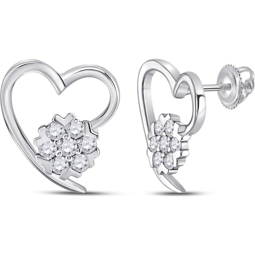 GND 10K White Gold Heart Stud Earrings with Prong-Set Round