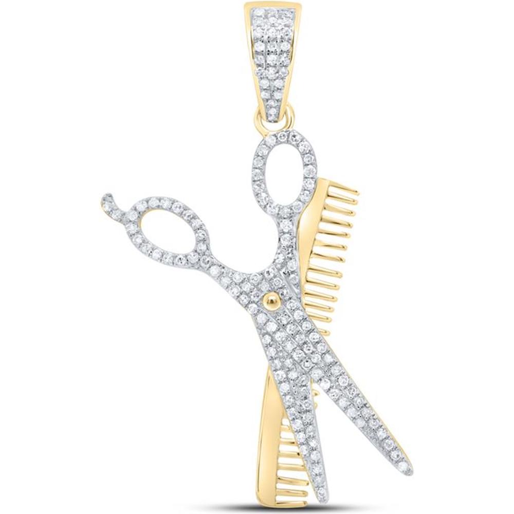 GND 10K Yellow Gold Round Diamond Scissors Comb Barber Charm