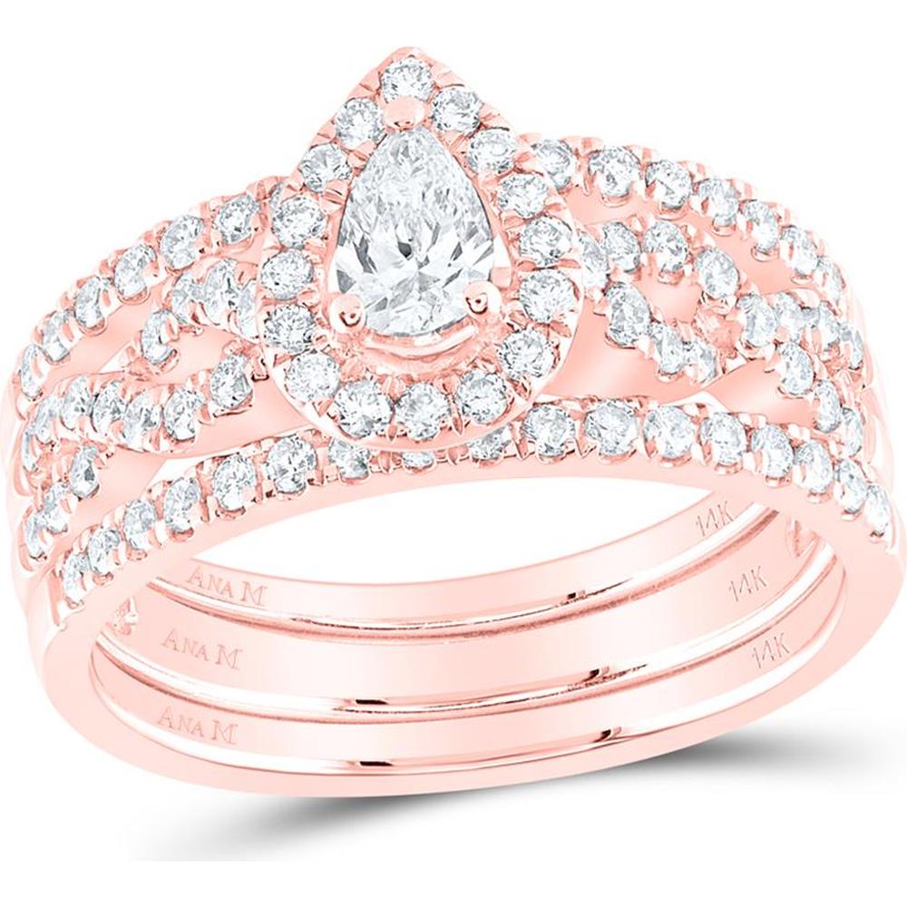 GND 14K Rose Gold Pear Diamond 3-Piece Bridal Wedding Ring Set