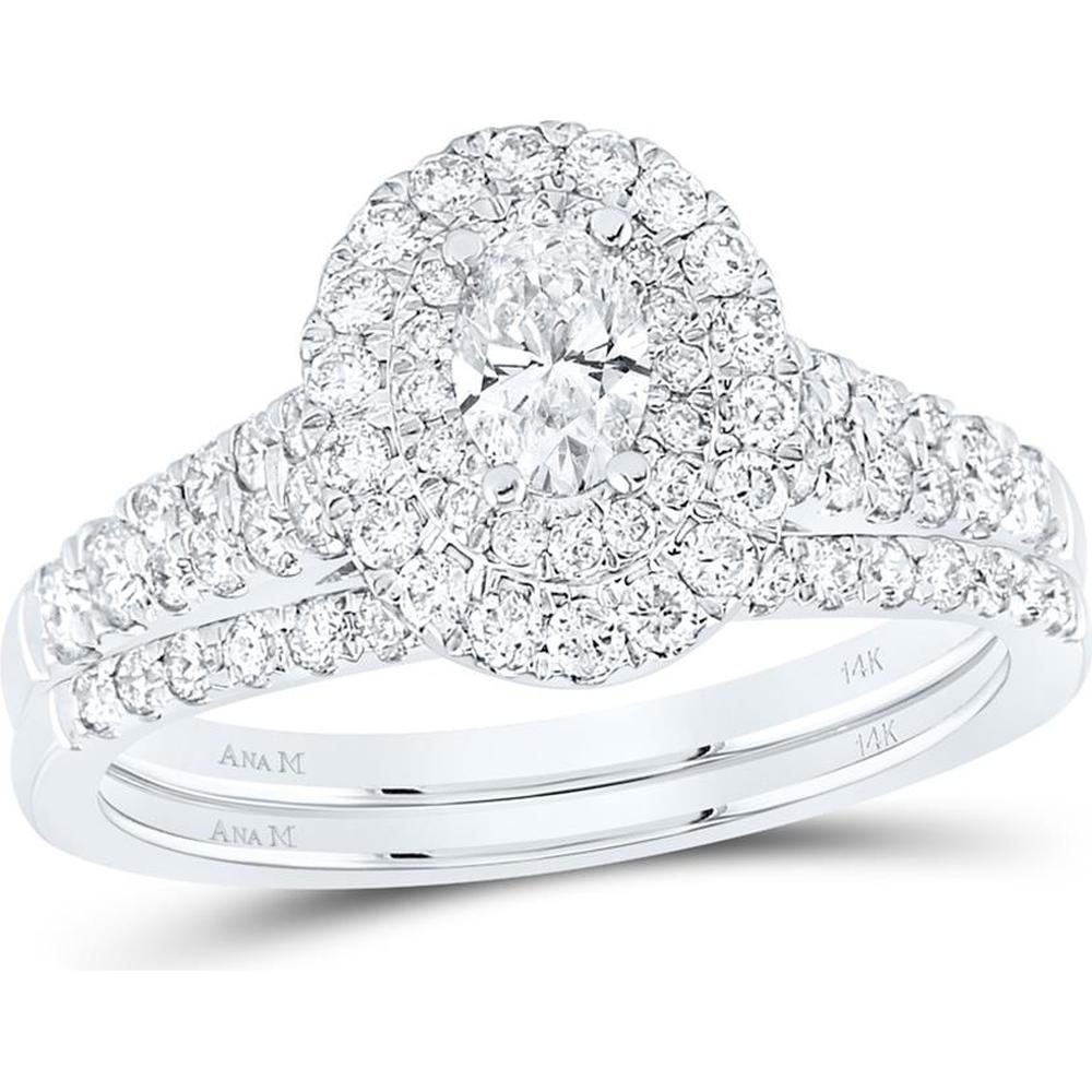GND 14K White Gold Oval Diamond Halo Bridal Wedding Ring Set with