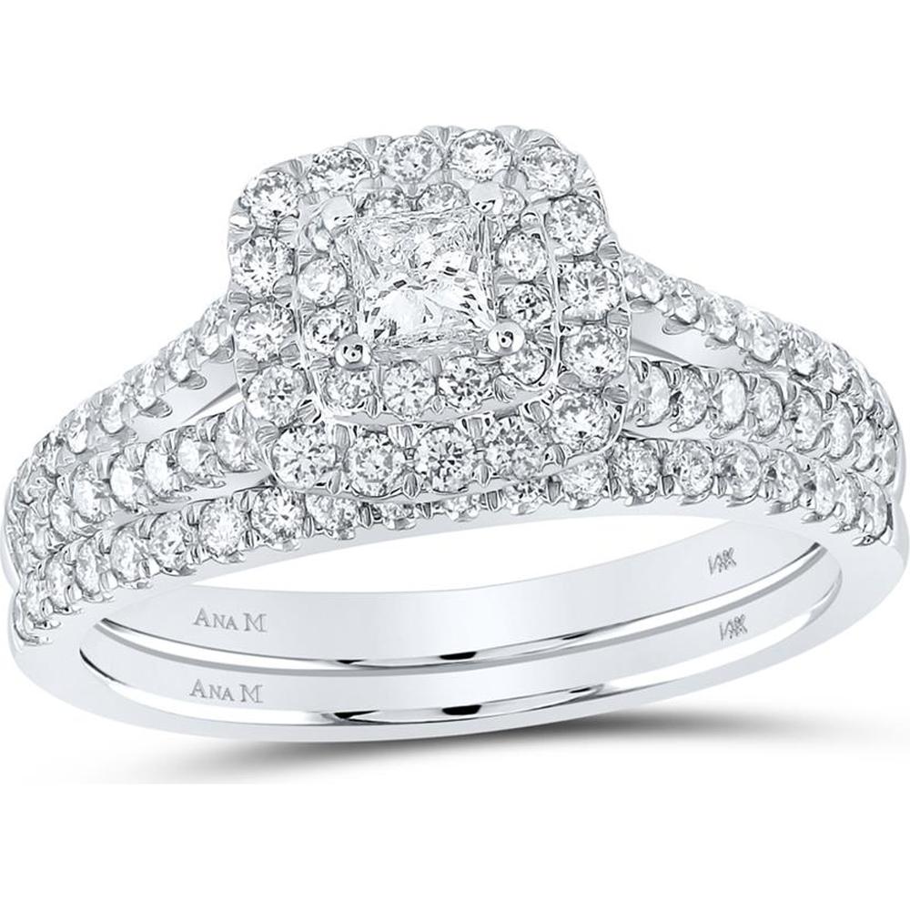 GND 14K White Gold Princess Diamond Halo Bridal Wedding Ring Set