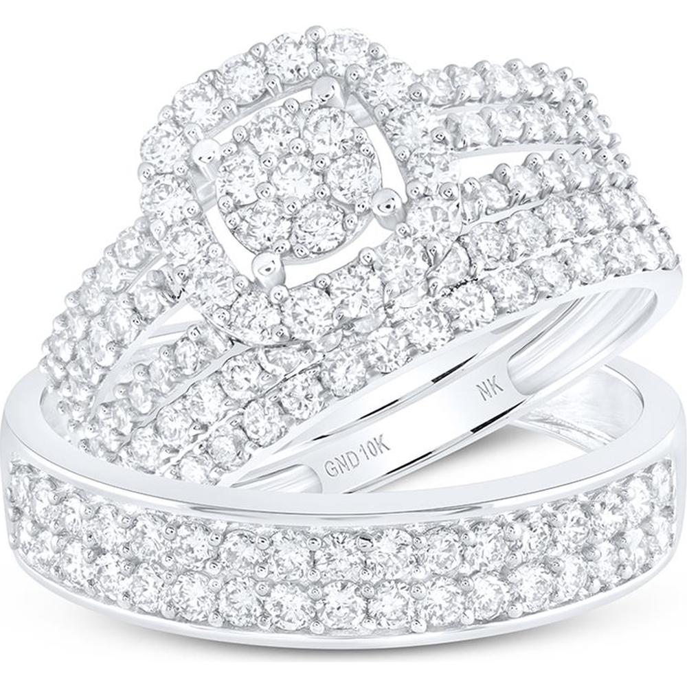 GND 14K White Gold Round Diamond Cluster Matching Wedding Ring Set