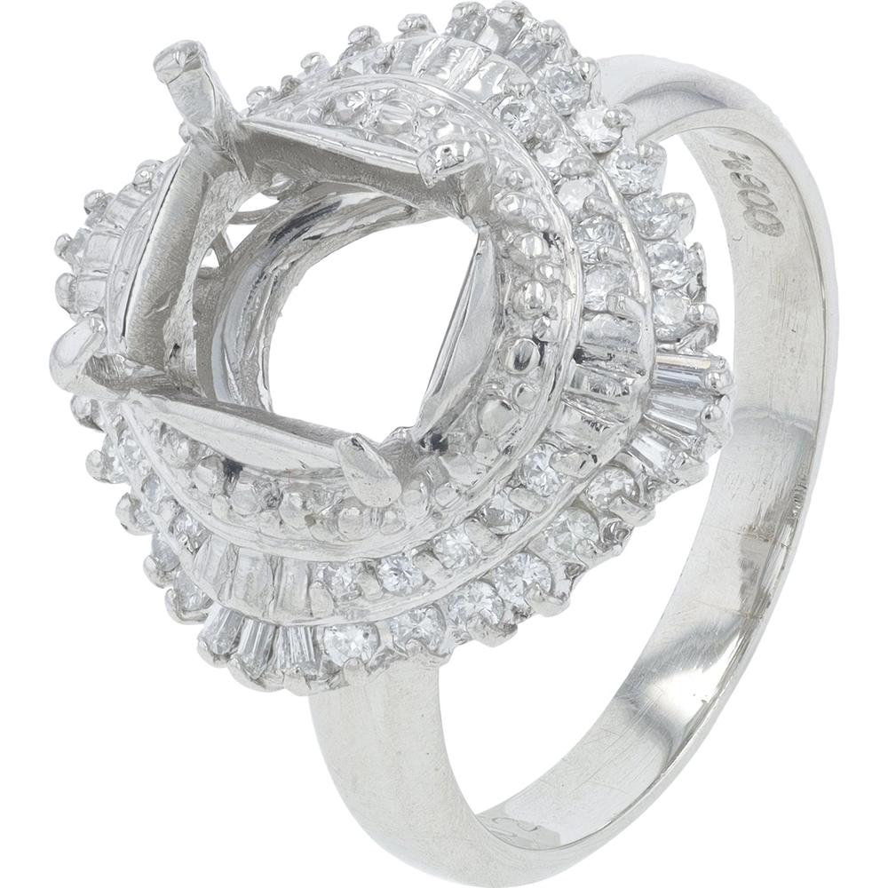 Platinum Diamond Halo Semi-Mount Ring with Round Baguette