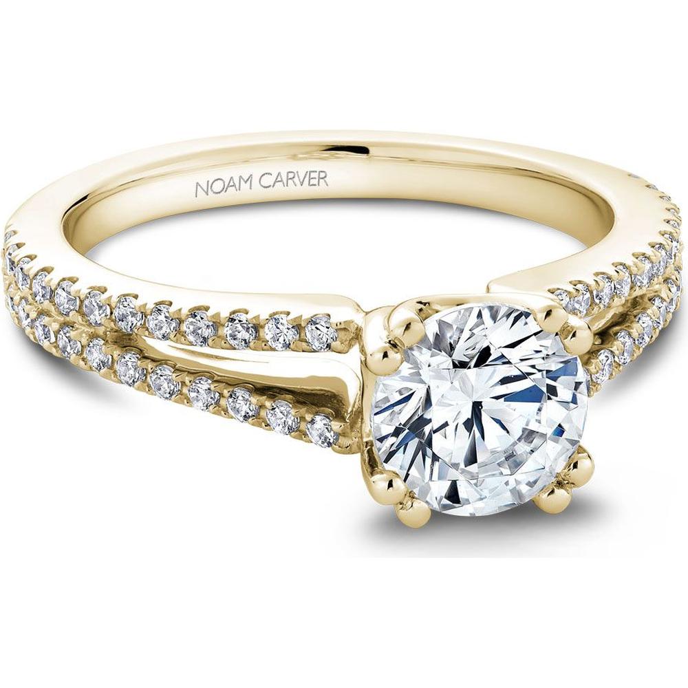 Round Cut Diamond Engagement Ring with Split Shank Pavé Band in Yellow ...