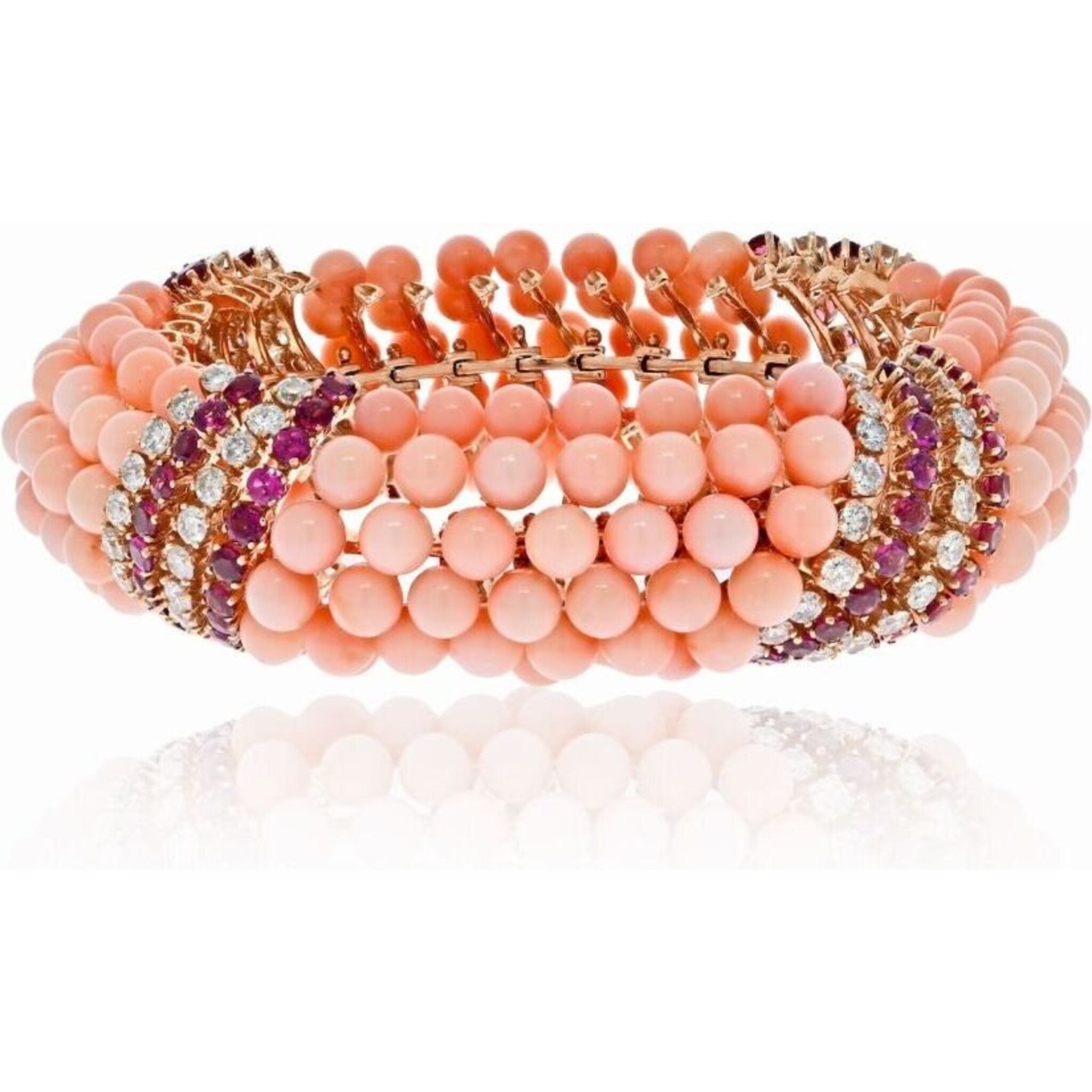 18K Yellow Gold Pink Coral Beads, Diamonds and Ruby Multi-row