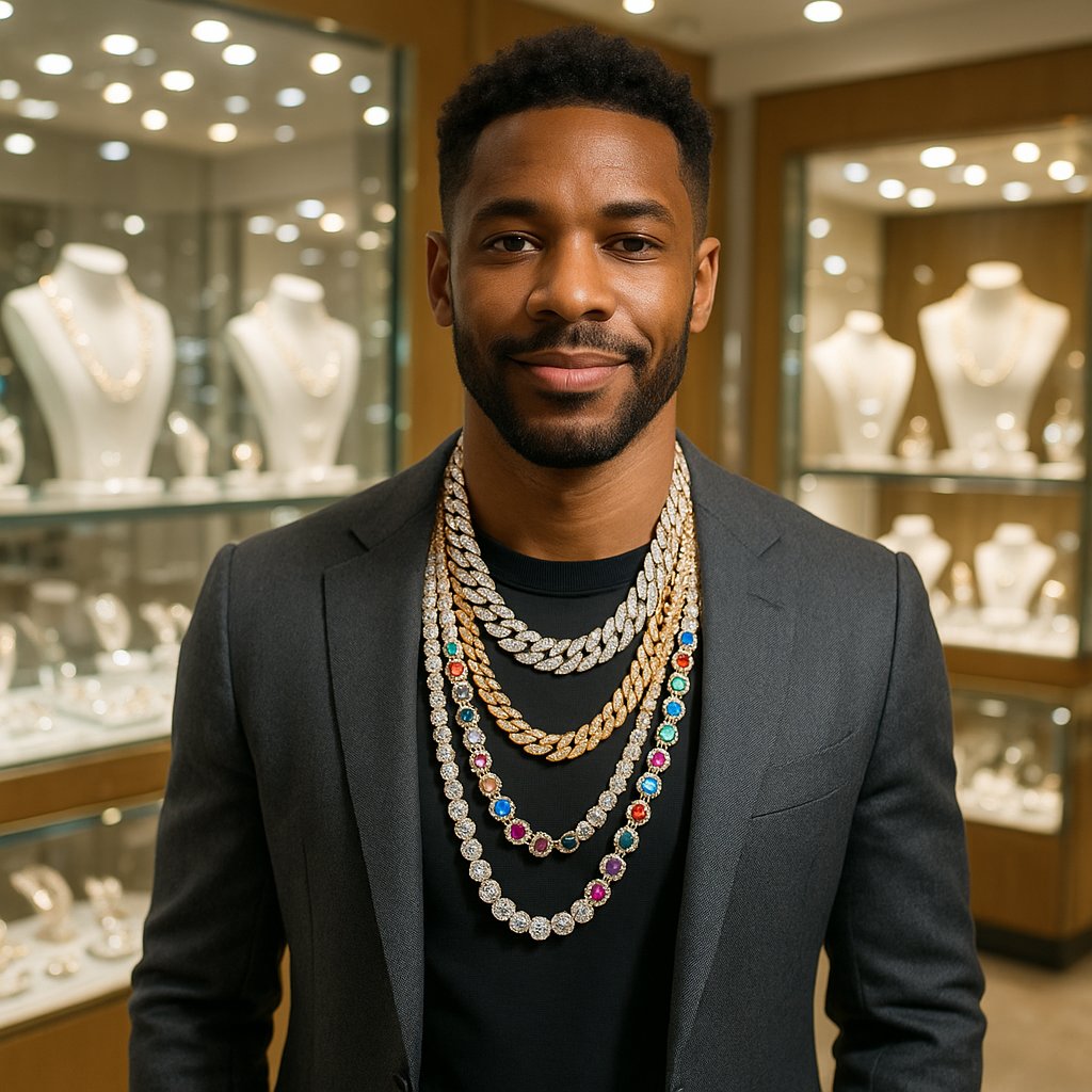 Stylish men wearing luxury necklaces in 2025, featuring gold chains, pendants, and statement pieces from Robinson's Jewelers