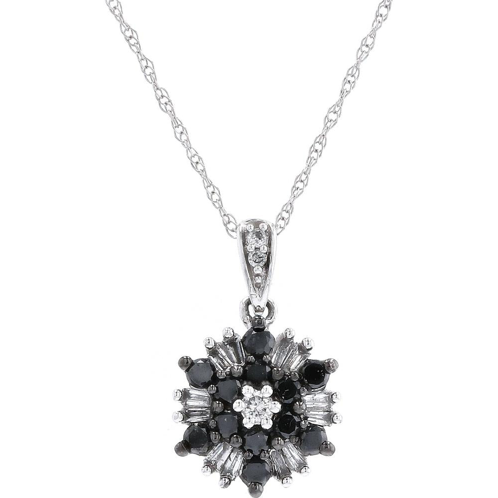 10K White Gold Flower Pendant with Black and White Diamonds