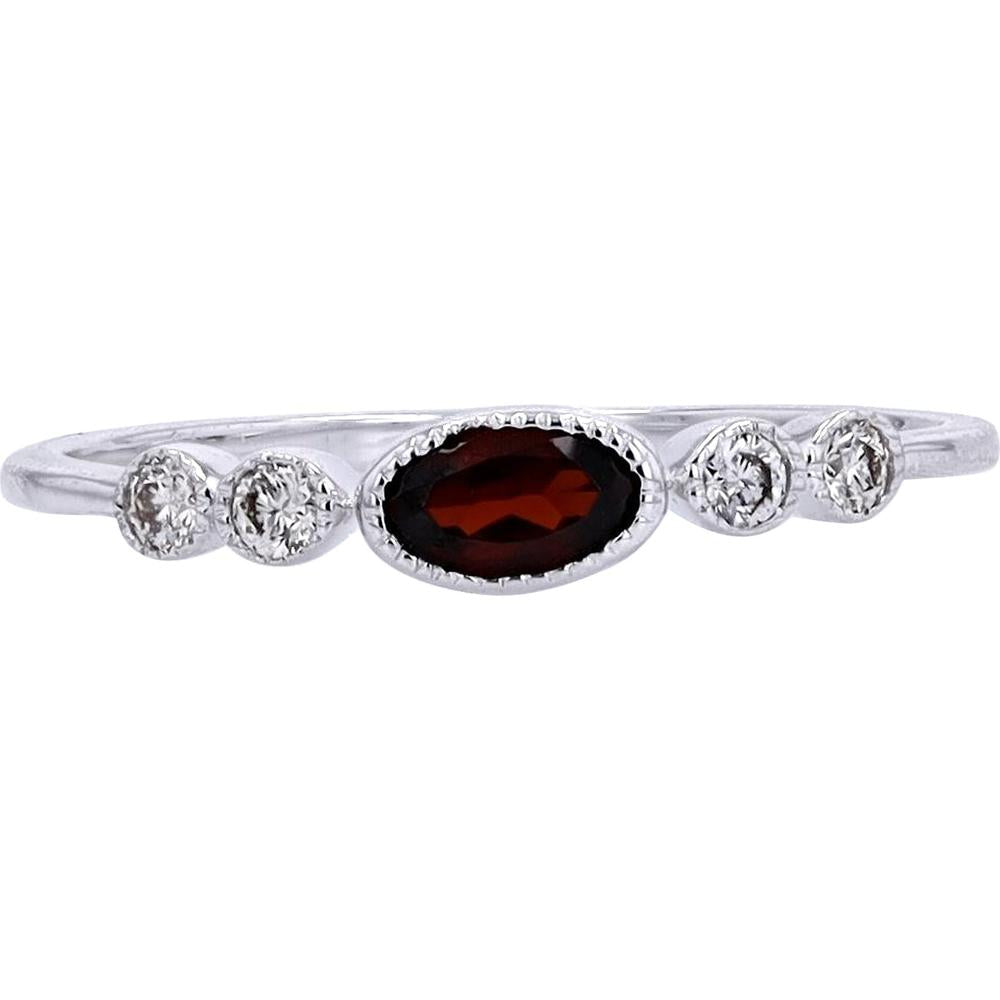 10K White Gold Ring with Oval Garnet and Diamond Accents - 0.28 Carats Garnet, 0.10 Carats Diamond