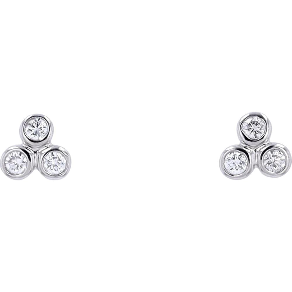 10K white gold three-stone bezel set diamond stud earrings sparkling on display