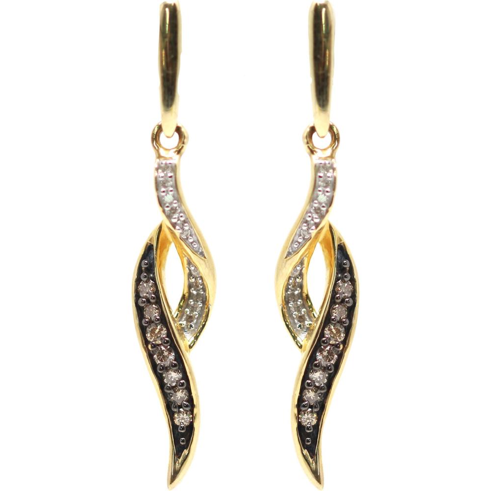 10K Yellow Gold Twisting Dangle Earrings with White and Chocolate Diamonds