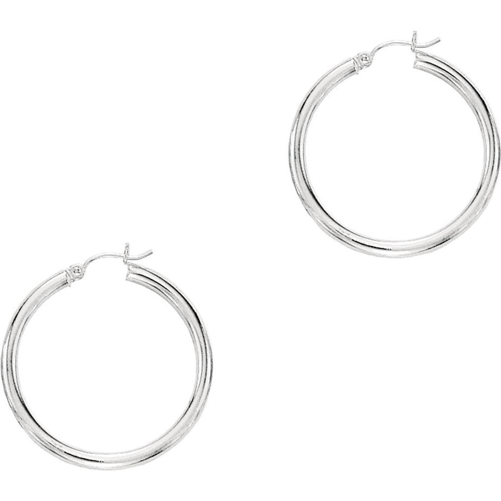 14K White Gold 30mm Polished Medium Hoop Earrings with Hinged Closure by Orozza Fine Jewelry