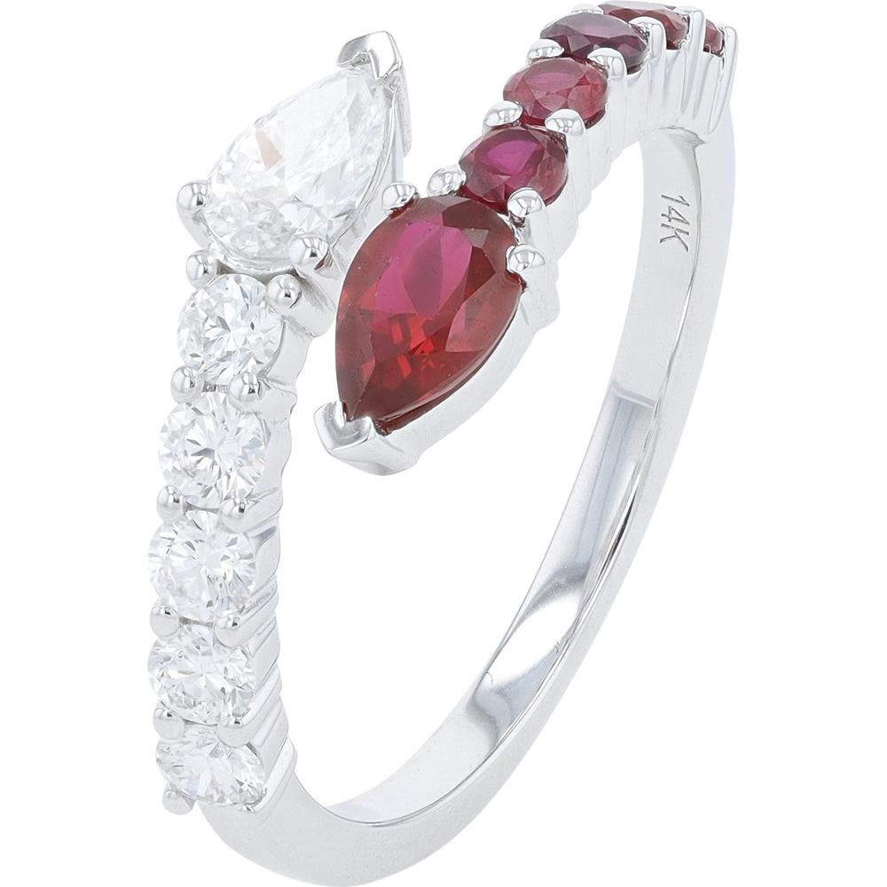 14k White Gold Bypass Ring with Lab Grown Pear Shaped Ruby and Lab Grown Round Diamonds