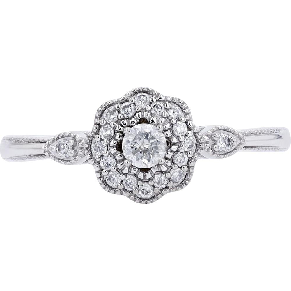 14K White Gold Floral Halo Engagement Ring with 0.20 Carat Total Diamond Weight