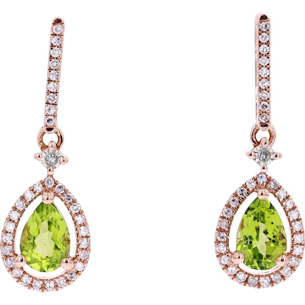 14K White Gold Pear Cut Peridot and Diamond Halo Drop Earrings sparkling in natural light