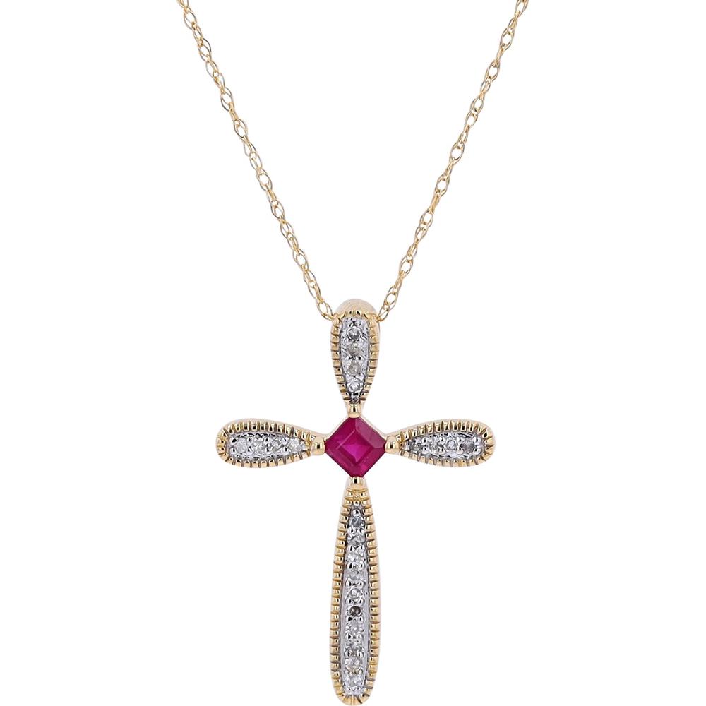 14K White Gold Ruby and Diamond Cross Pendant with 0.09 Carats Total Diamond Weight on an 18-inch chain
