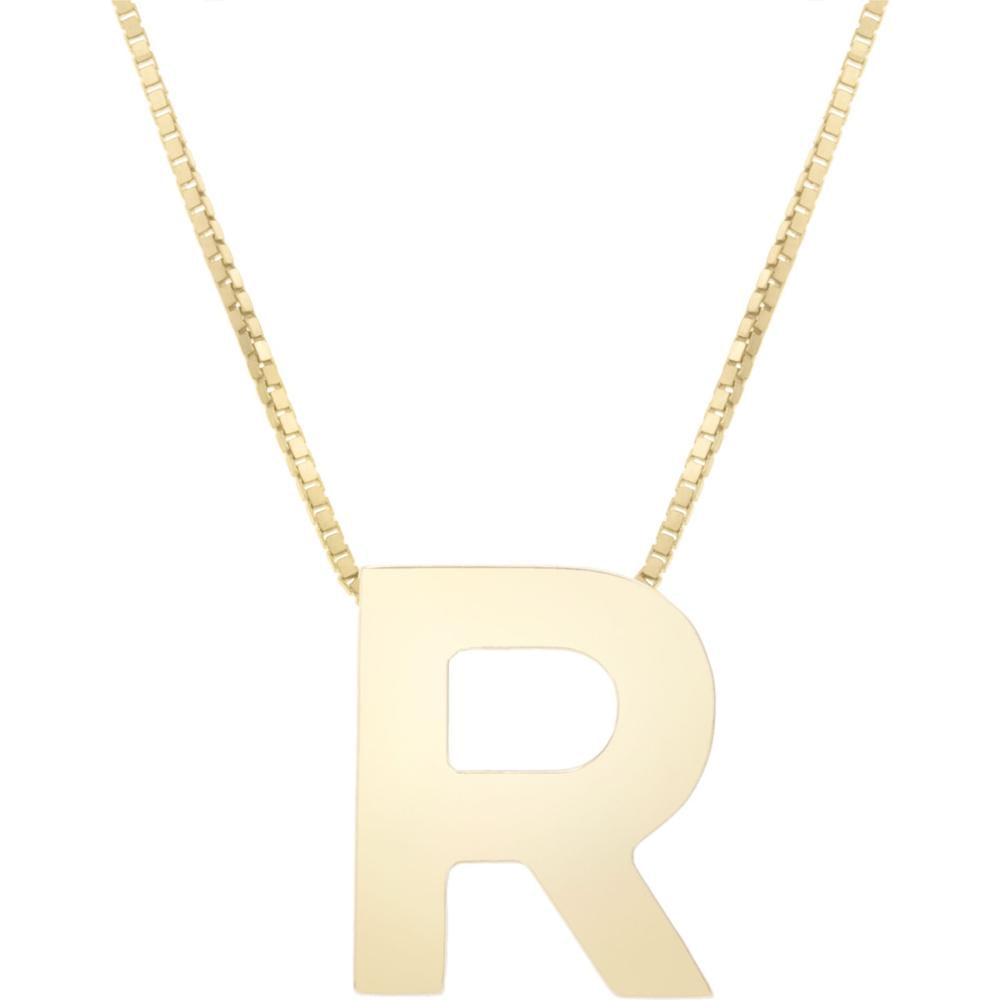 14K Yellow Gold Block Letter Initial R Necklace with Polished Finish by Orozza Fine Jewelry