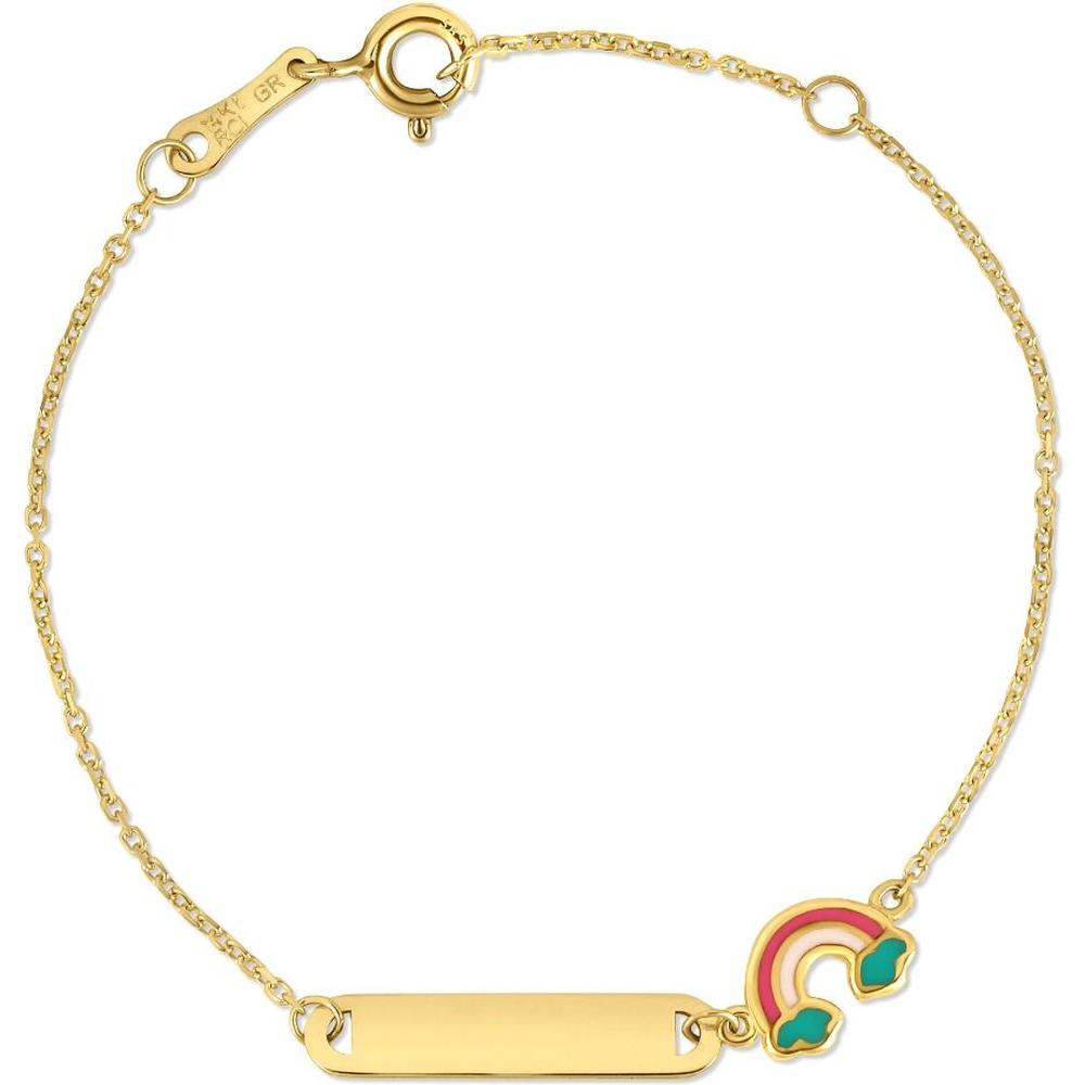 14K Yellow Gold Children's Name Plate Bracelet with Enamel Rainbow Charm by Orozza Fine Jewelry