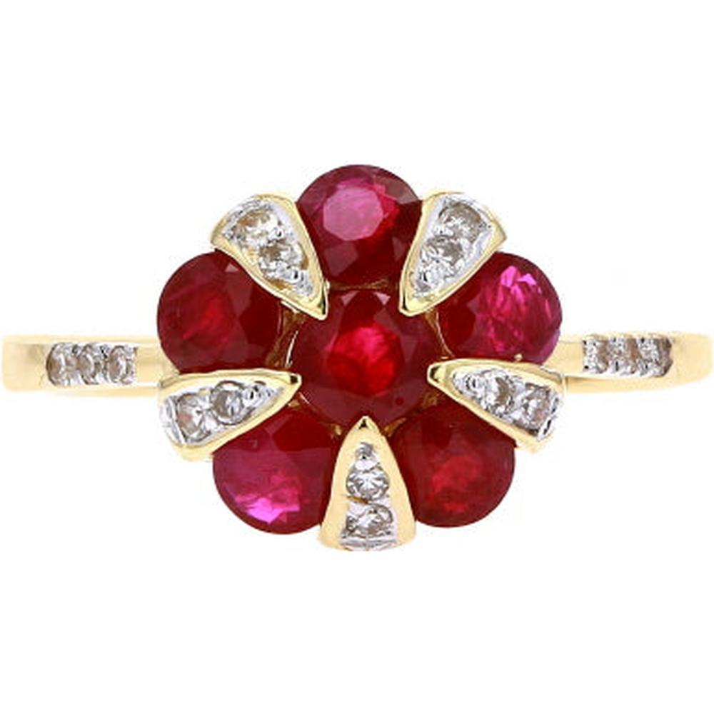 14K Yellow Gold Flower Cocktail Ring with Round Rubies and Diamond Accents