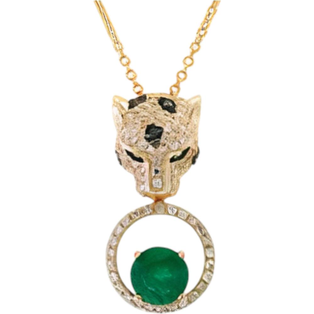 14K Yellow Gold Panther Pendant with Emerald and Diamond Accents