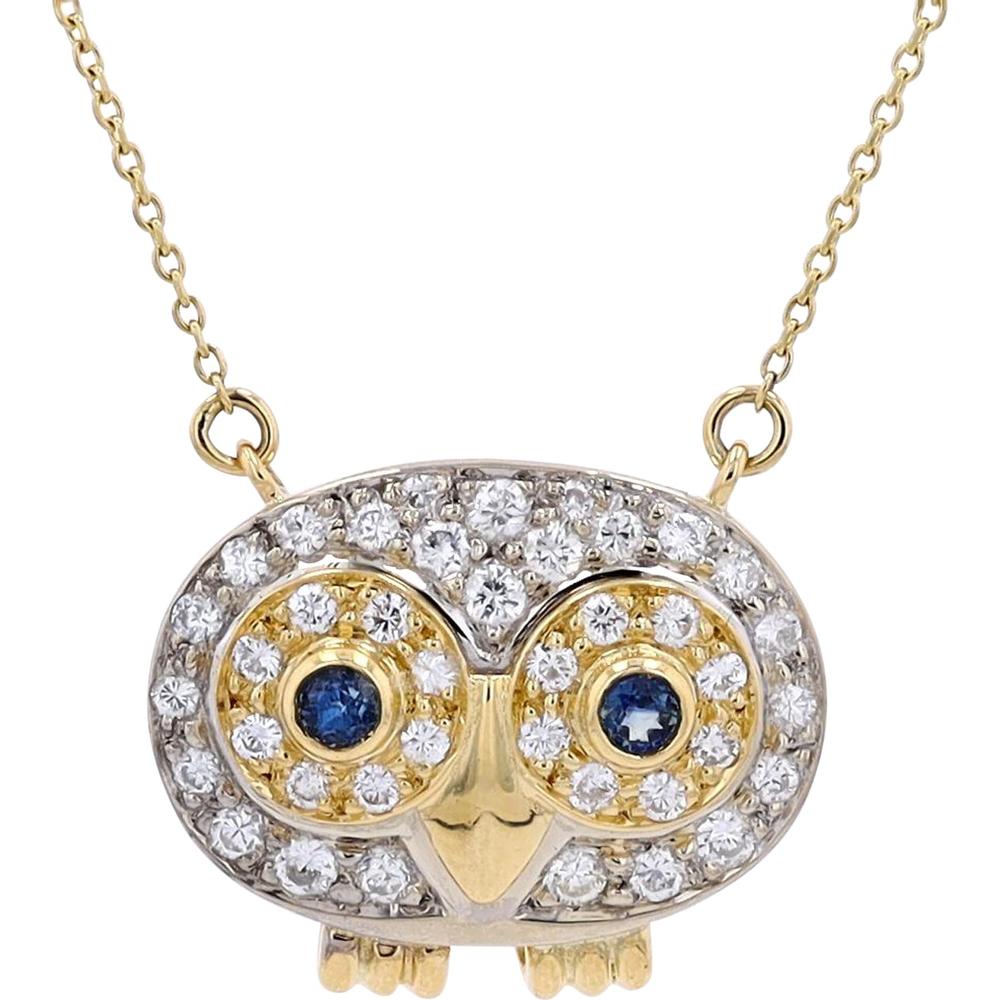 18k Two-Tone Gold Owl Necklace with Diamonds and Sapphires