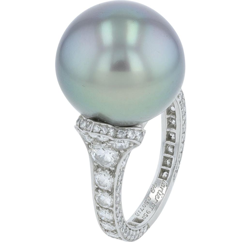 18k White Gold Cartier Ring with 13.85mm Tahitian Pearl and 2.00 Carats of Diamonds