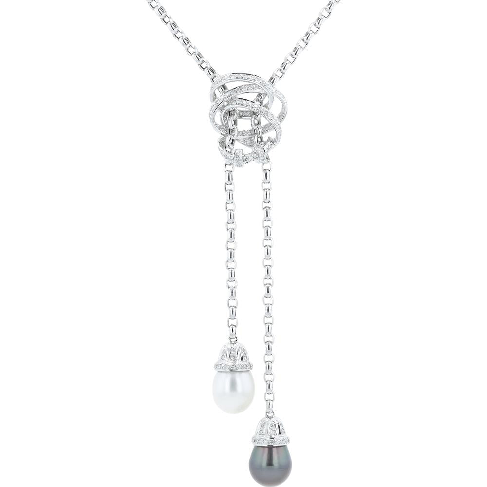 18K White Gold Necklace with White and Black Pearls and Diamond Accents