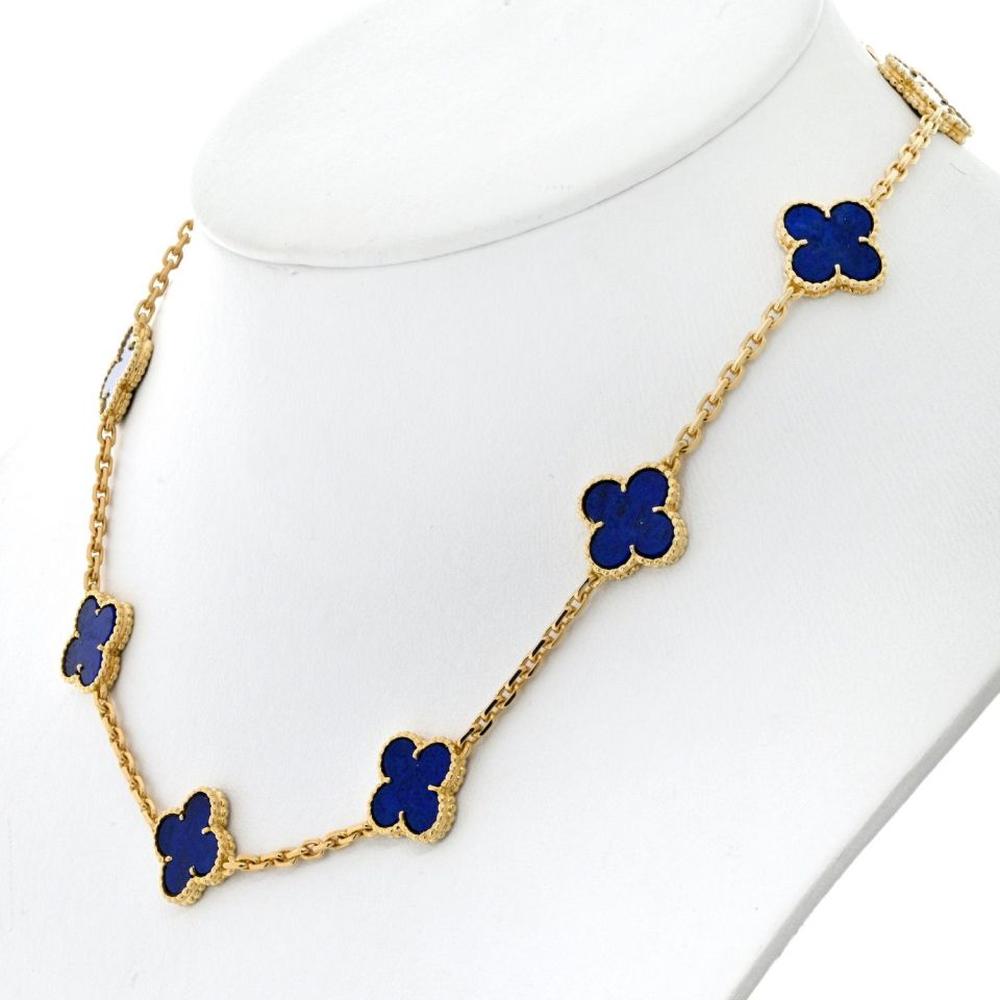 18k Yellow Gold 10-Motif Alhambra Necklace with 15mm Lapis Lazuli Stones by Van Cleef & Arpels