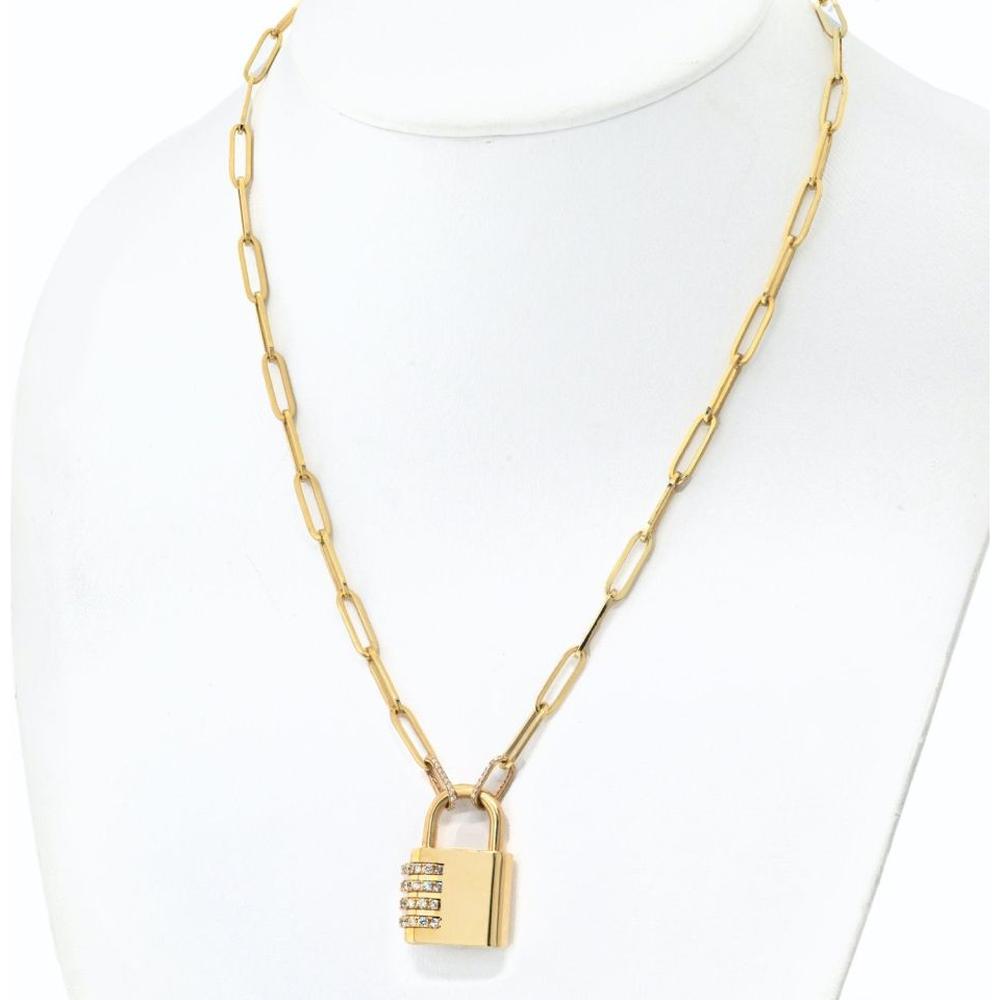 18K Yellow Gold Necklace with 2.08 Carats Diamond Padlock Pendant on Fine Paperclip Chain