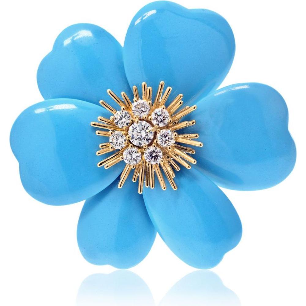 18k Yellow Gold Turquoise Rose de Noel Brooch with 7 Round Diamonds by Van Cleef & Arpels