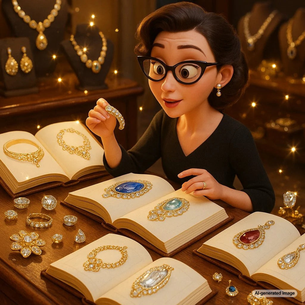 Stack of luxurious jewelry books on a table with gemstones and a vintage necklace