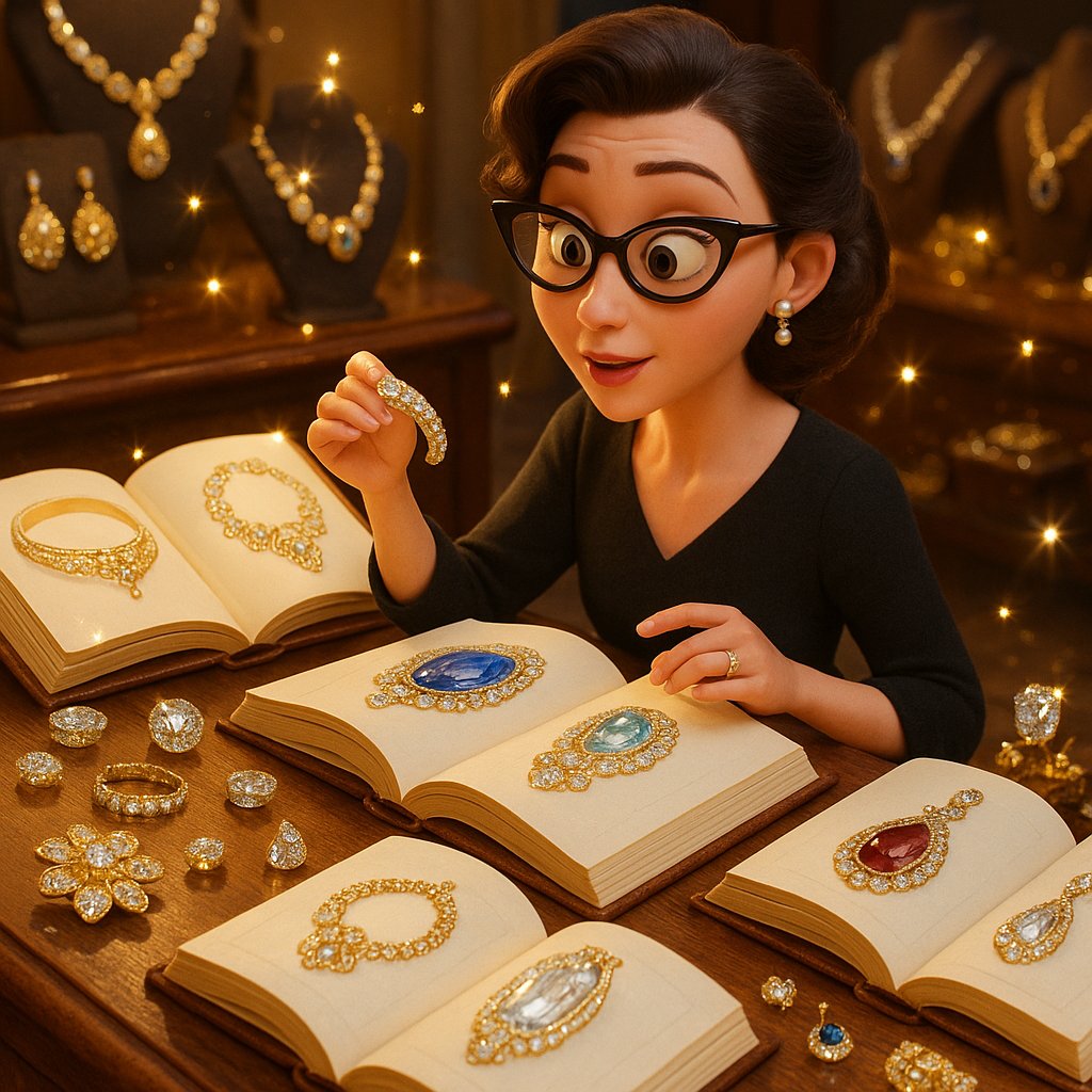 Stack of luxurious jewelry books on a table with gemstones and a vintage necklace