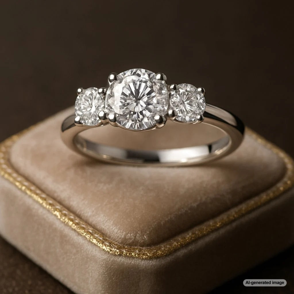 Luxurious 3 stone diamond engagement ring with brilliant cut diamonds set in platinum