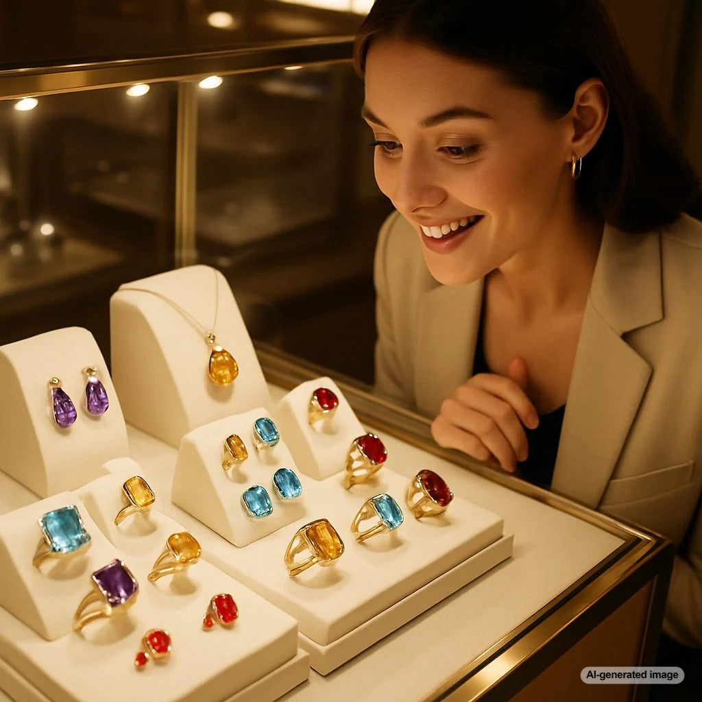 A stunning flat lay of five different affordable gemstones including moissanite, morganite, white topaz, labradorite, and garnet, sparkling in light.