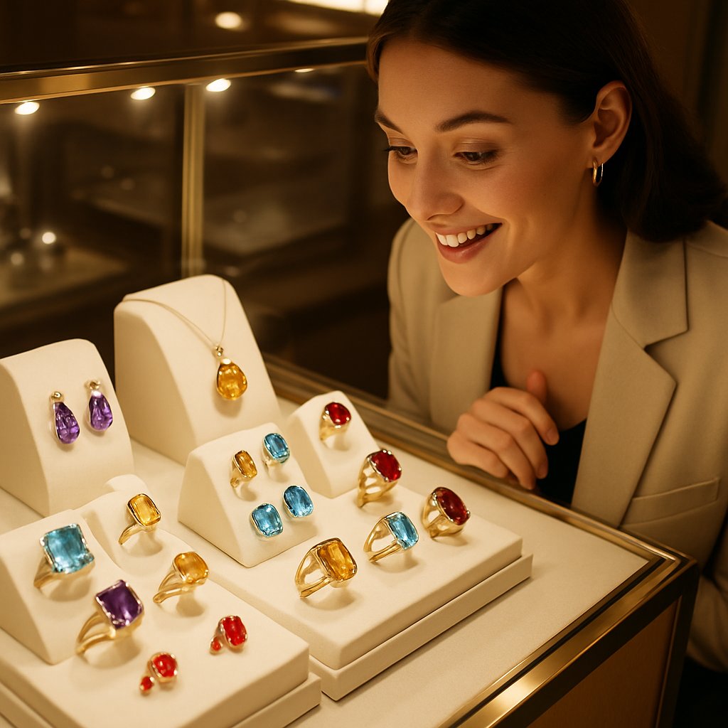 A stunning flat lay of five different affordable gemstones including moissanite, morganite, white topaz, labradorite, and garnet, sparkling in light.