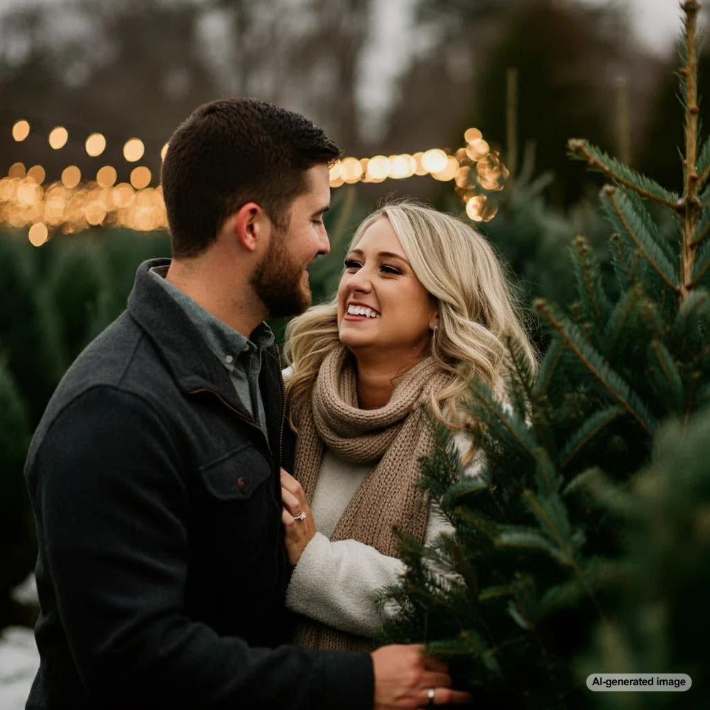 Couple engaged during a festive holiday proposal