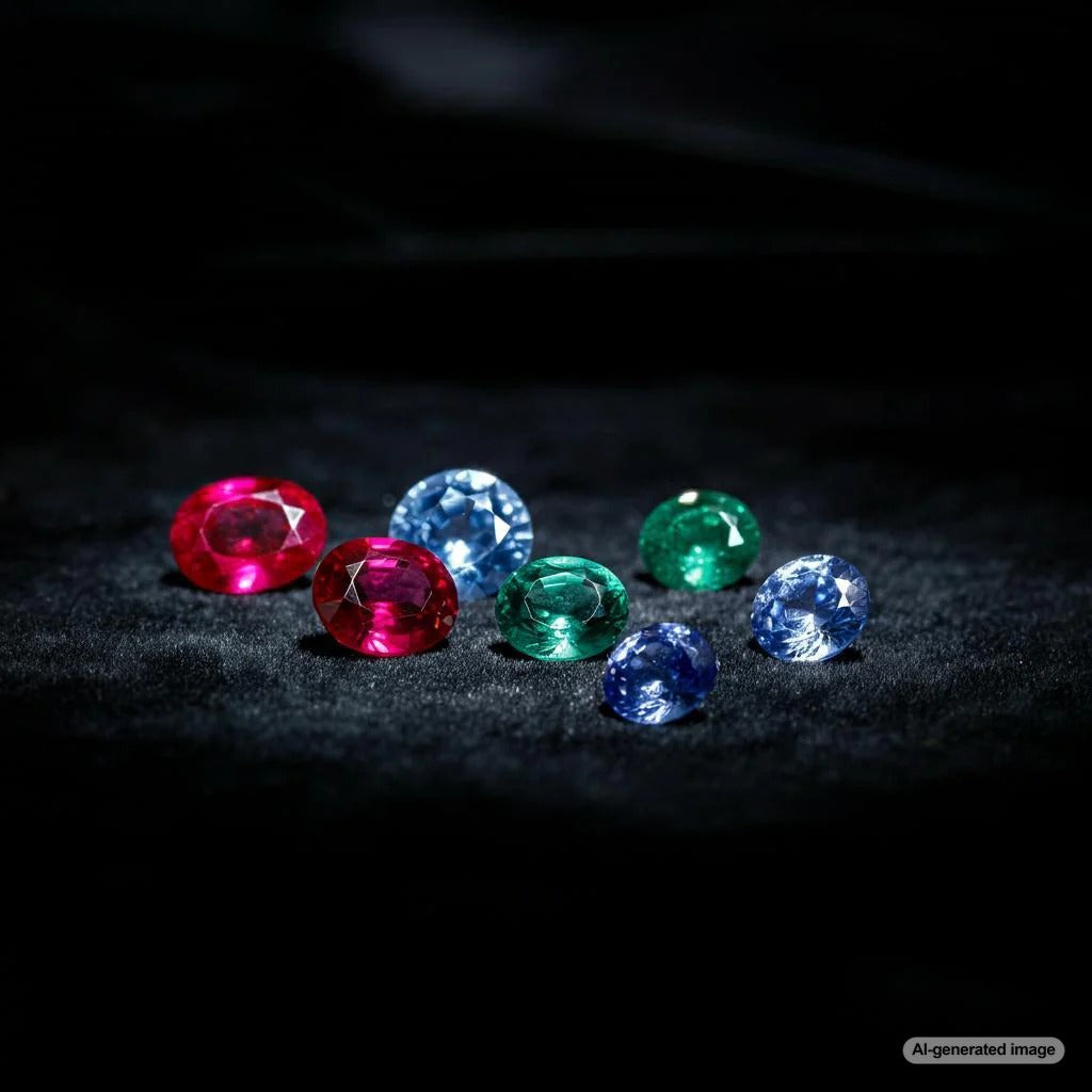 A display of alternative gemstones to diamonds in vibrant colors including rubies, sapphires, and tanzanite.