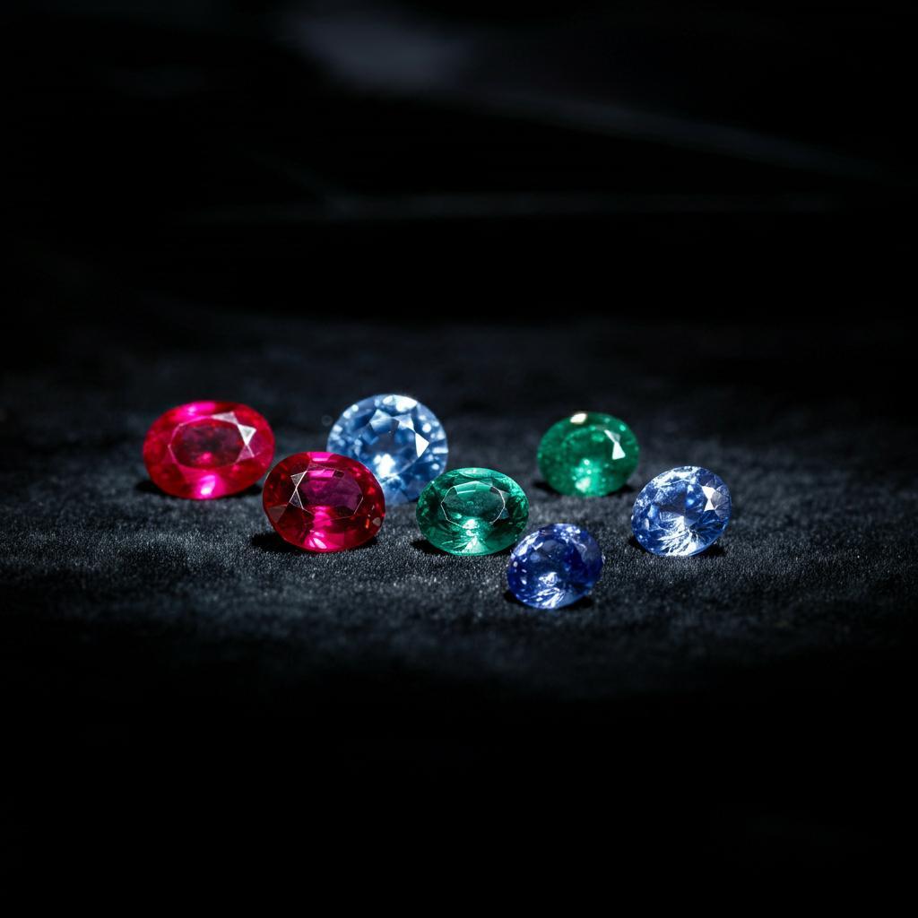 A display of alternative gemstones to diamonds in vibrant colors including rubies, sapphires, and tanzanite.